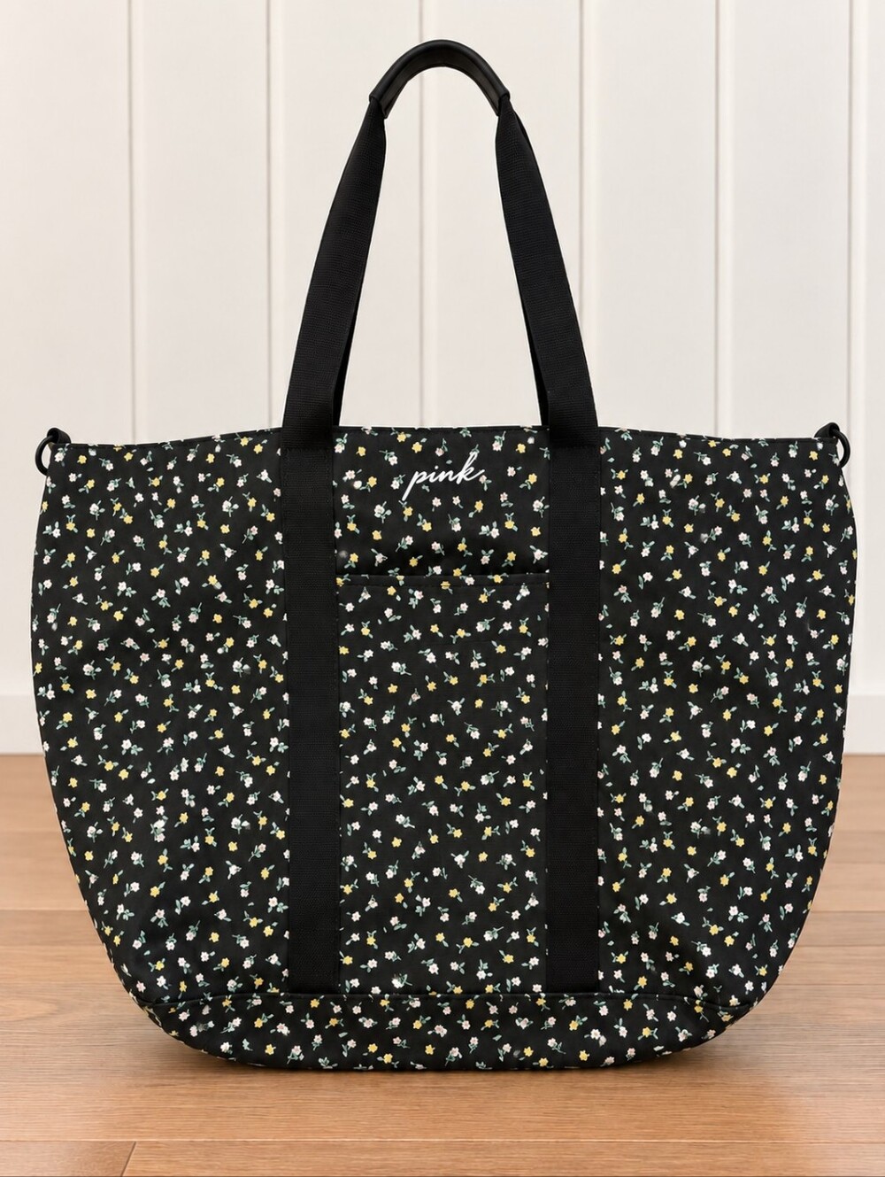 PINK Victoria's Secret Black Yellow White Floral Canvas Tote Bag with PINK Logo